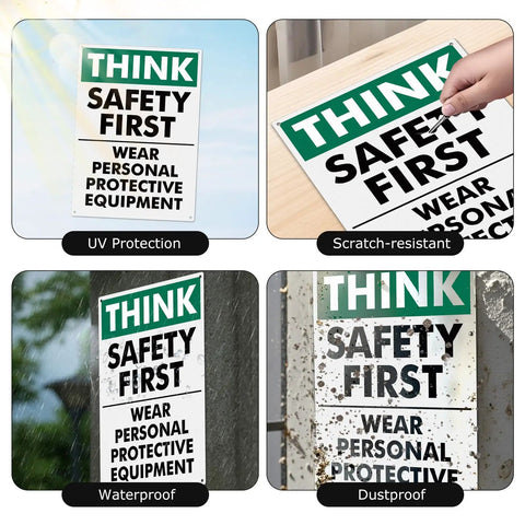 Think Safety First Signs 2 Pack, 14 by 10 Inches, Rust Free Aluminum With UV Protective Finish, Durable Workplace Safety Signs for Offices, Hallways, and Common Areas; UV protection demo