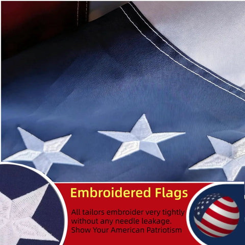 Close-up view of All American 250th Anniversary Betsy Ross 3x5 US Flag For Outdoor Use, illustrating star embroidery detail on nylon material.