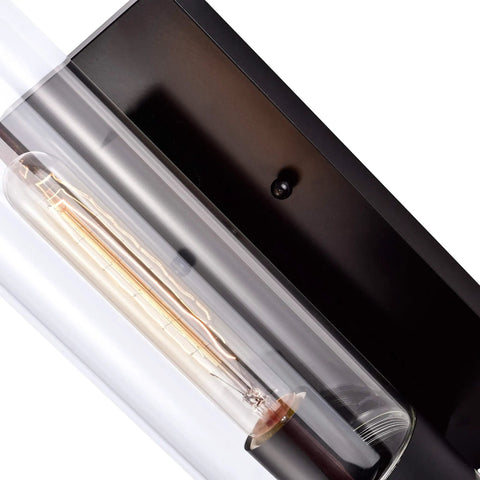 Close-up of Black Indoor Wall Sconce Light Fixture With Cylinder Glass Over Mirror for Vanity Bedroom Kitchen Sink