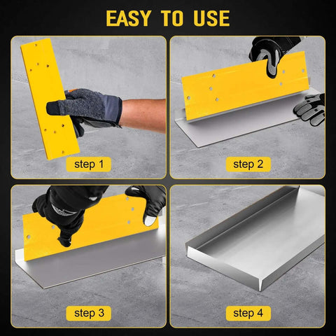 Step-by-step usage of Beast 12 Inch Sheet Metal Folding Tool for HVAC duct work, showing bending process on metal sheet.