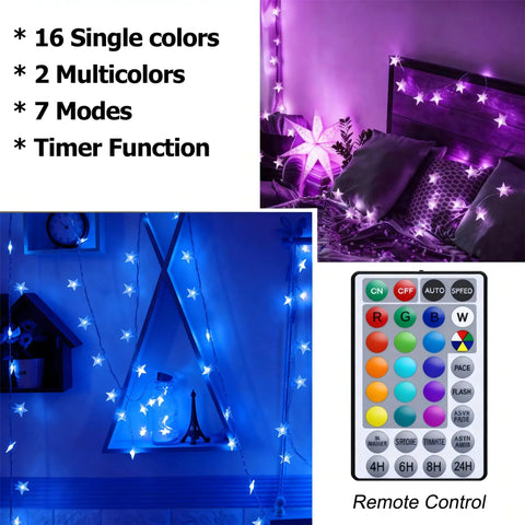 Star String Lights 20Ft Battery Operated Color Changing Fairy Lights With 40 LEDs Remote Control Indoor Outdoor Hanging Twinkle Decor For Bedroom Patio Party And More with remote control and color options displayed.