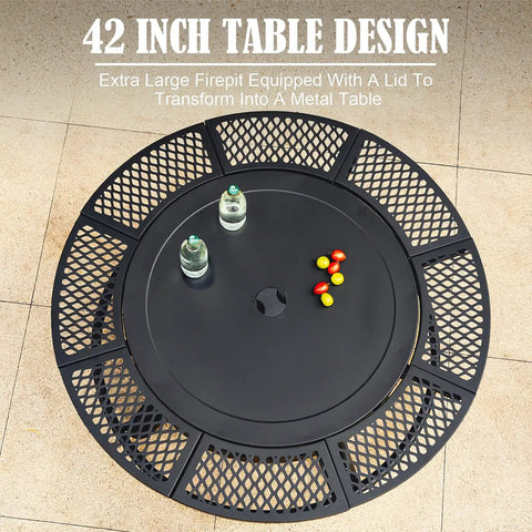 Top view of 42 Inch Outdoor Fire Pit Table With Dual Grills And Lid, showcasing large round metal design for bonfires and gatherings.