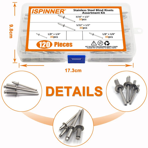 120 Piece 304 Stainless Steel Blind Rivet Assortment Kit Packed With Rust Proof Pop Rivets For Serious Home Repairs And Garage Builds Kickass Corrosion Resistant Fasteners That Grip Tight Under Heavy Stress So Your Projects Stay Locked Down Tight