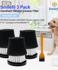 Three Pack Handheld Vacuum Cleaner Filter Set For Dirt Devil Scorpion Handheld Vacuums Style F117 Compatible With Part AD40117 Replacement on kitchen counter
