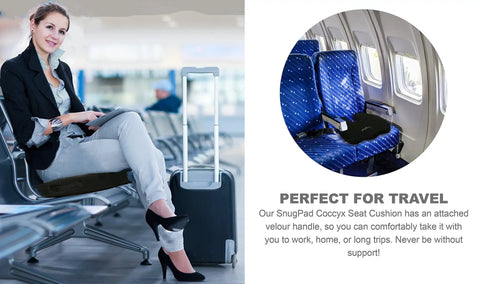 Upgraded Memory Foam Seat Cushion For Sciatica And Back Pain Relief on airport chair showcasing travel ease.