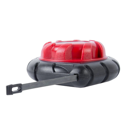 Side view of Mini Cable Snake 15 Ft Steel Fish Tape with red and black housing and extended flat steel tape for electrical wiring.