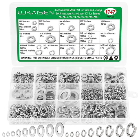 LUKAISEN 1147-piece stainless steel flat and lock washer assortment in a clear organizer; 9 sizes M2 to M12