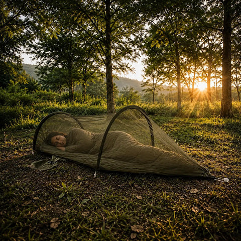 Two In One Pop Up Hammock Tent With Mosquito Net For One Person in a forest at sunrise, instant outdoor setup with breathable mesh.