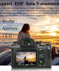 Canon EF To Sony E Mount Autofocus Speed Booster Adapter 0.71x shown on a Sony camera, displaying EXIF data transmission support.