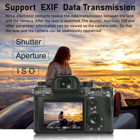 Canon EF To Sony E Mount Autofocus Speed Booster Adapter 0.71x shown on a Sony camera, displaying EXIF data transmission support.