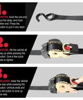 Instructional image showing how to use 2 Inch By 10 Foot Black Retractable Ratchet Tie Down Straps With Auto Retract and One Button Release.