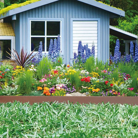 66 Feet Brown Lawn Edging Kit With 120 Spikes For Landscape And Garden Borders, Easy DIY Install showing colorful flowers and tidy border