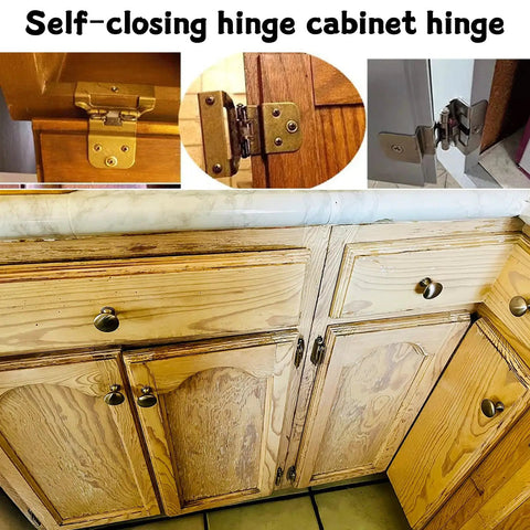 Two Pack Antique Kitchen Cabinet Hinges Self Closing Overlay Flush Mount installed on wooden cupboards