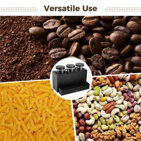 Pretty Slick Wooden Coffee Bar Organizer With Three Clear Jars And Two Scoops Plus Dustproof Drawer Keeps Your Counter Crisp For Beans Sugar Tea Supplies Counter Rack And Storage Shelf For Drink Prep Zero Extra Mess with assorted foods