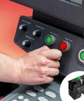 Person operating industrial control panel with rugged heavy duty momentary push button switch with NO NC contacts, 10A 600V.