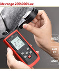 Easy-Read Pro-Grade Digital Lux Meter For Photography And Studio Lighting, Measures 0 To 200000 Lux (Lux/FC) With Clear Readout, Ideal For Photo Shoots, Office, Lab, Stage, And Horticulture Lighting Control. handheld red lux meter with sensor, hold and max buttons