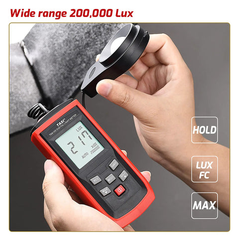 Easy-Read Pro-Grade Digital Lux Meter For Photography And Studio Lighting, Measures 0 To 200000 Lux (Lux/FC) With Clear Readout, Ideal For Photo Shoots, Office, Lab, Stage, And Horticulture Lighting Control. handheld red lux meter with sensor, hold and max buttons