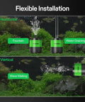 VIVOSUN 660 GPH submersible water pump, green/black; shown in horizontal and vertical install for aquariums/fountains