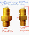 Two brass thermal relief valves for pressure washer pumps, 3/8 NPT and 1/4 NPT.