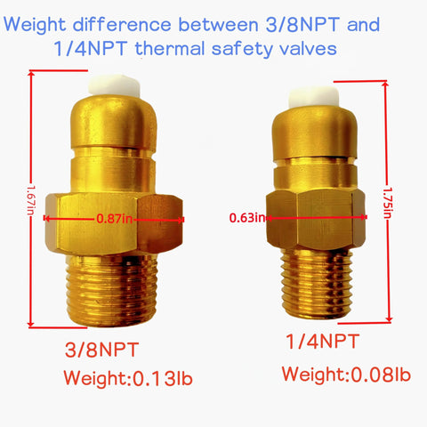 Two brass thermal relief valves for pressure washer pumps, 3/8 NPT and 1/4 NPT.
