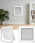 White Louvered Return Air Grille With Tight Magnetic Closure Hinged Drywall Access Panel For Attic Crawl Space Venting Filtered Airflow In 14X20 Inch displayed in modern room with bookshelf and plant.
