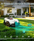 DW3000 Wireless Robotic Lawn Mower With GPS RTK AI Vision Navigation showing AI-powered obstacle avoidance in a sunny yard