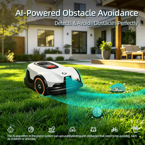 DW3000 Wireless Robotic Lawn Mower With GPS RTK AI Vision Navigation showing AI-powered obstacle avoidance in a sunny yard