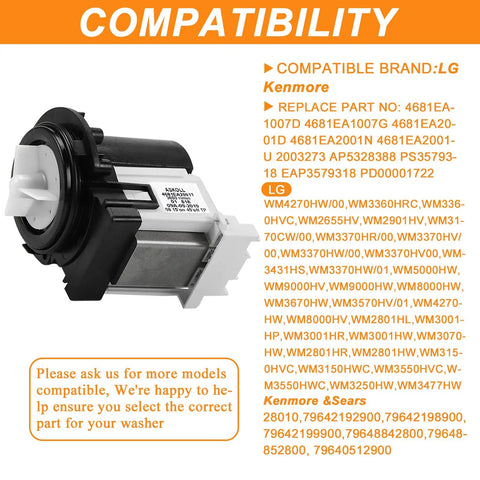 OEM Washer Drain Pump Motor For Front Load Washing Machines Replaces 4681EA2001T with compatibility list for LG, Kenmore models