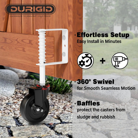 Spring Loaded Gate Wheel 4 Inch Side Break Caster For Wooden, Fence And Vinyl Gates, Heavy Duty Outdoor Gate Wheel, installed