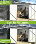 Heavy Duty 10 By 14 Ft Outdoor Metal Storage Shed With Waterproof Construction, open double doors showing stored items in winter and summer