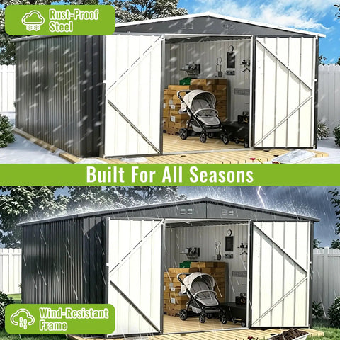 Heavy Duty 10 By 14 Ft Outdoor Metal Storage Shed With Waterproof Construction, open double doors showing stored items in winter and summer