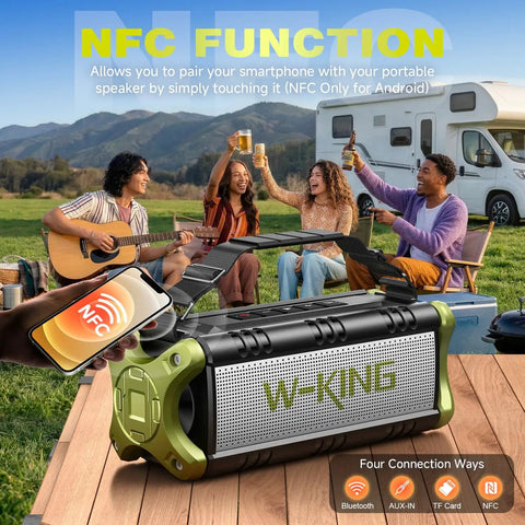Portable Bluetooth Speaker With 90W Max Output, Beast Bass Dual Subwoofers And Boombox Sound next to group enjoying outdoors