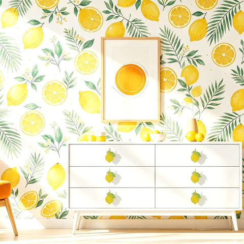 Gotta Grab These Sick Solid Zinc Lemon Drawer Knobs Fresh Citrus Cabinet Handles on white dresser with lemon wallpaper.