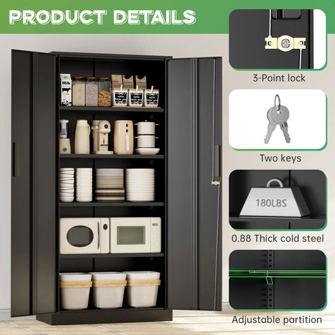 Six Foot Tall Lockable Steel Storage Cabinet With Adjustable Shelves, Heavy Duty Metal Locker For Office Home Garage Gym School, 72 Inch High, Black Matte, with open doors showing shelves with stored items.