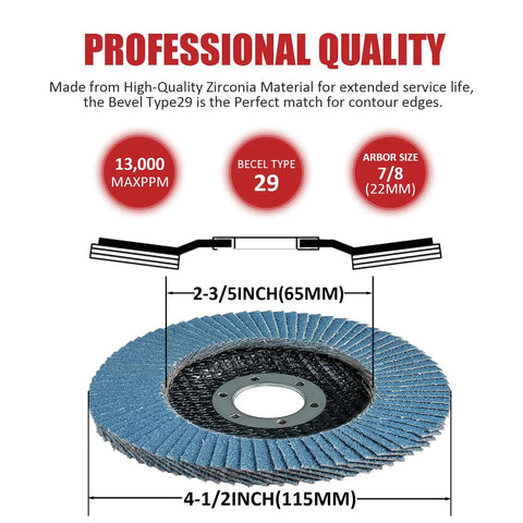 Heavy Duty T29 Flap Discs 40 Grit 4 1 2 Inch By 7 8 Arbor For Angle Grinder showing contour edge application and specifications.