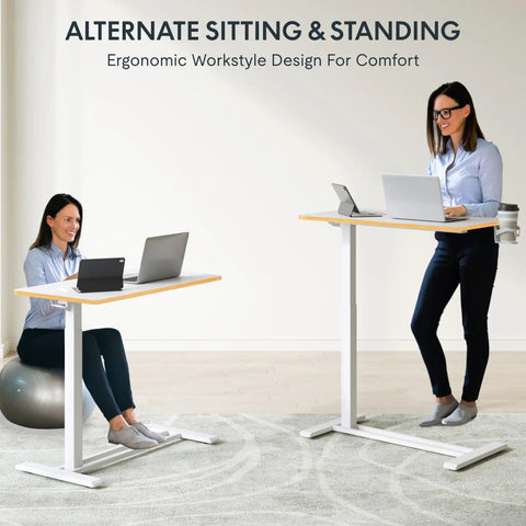 32 Inch Mobile Standing Desk Featuring A Slick Rolling Base And Hassle Free Pneumatic Height Adjustments With Smooth One Hand Gas Spring Lift For Compact Home Office Computer Workstation Setup in ergonomic use.