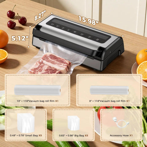 Heavy Duty Vacuum Sealer Machine With 95KPa Suction Full Auto Food Sealer Double Heat Seal System Built In Cutter displayed on counter