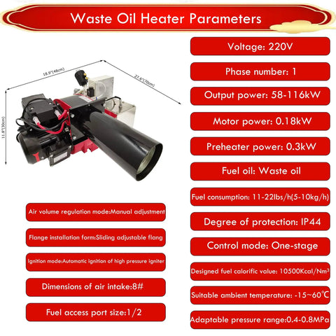 Rock Solid Heavy Duty Waste Oil Burner Heater Air Atomizing Multi Fuel Industrial Boiler Furnace Stainless Steel Double Fire Design 58 To 116kw Output 220v with parameter details.