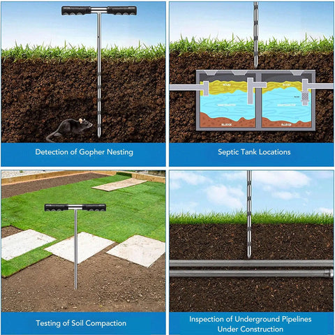 Stainless Steel Soil Probe Rod 17 32 48 Inch Adjustable Ground Locator Tool With T Handle For Locating Underground Pipes Septic Tanks Gopher Runs And Garden Beds Heavy Duty Prober used in various applications.