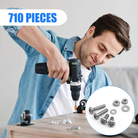 Man using drill with 710 Piece Stainless Steel 304 Machine Screws Nuts And Washers Assortment Kit With Case Pan Head Bolts