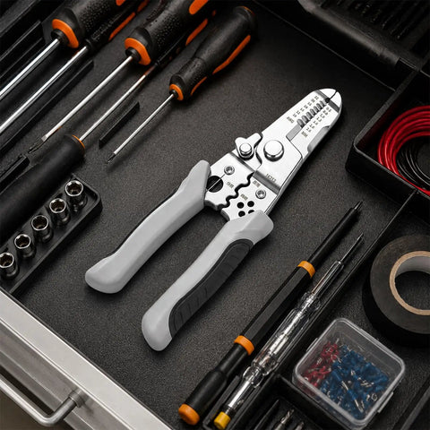 Heavy Duty Wire Stripper Pliers Manual Hand Tool With Stripping Cutting And Gripping Sections For Electrical Work on toolbox.