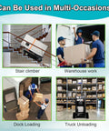Camini Electric Stair Climbing Hand Truck Dolly Cart With 661 Lbs Capacity And 600 W Motor Heavy Duty in use for warehouse loading and unloading.