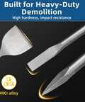 Close-up of 24 Inch SDS Plus Demolition Chisel Set with 1 Inch Flat, Point, and 3 Inch Scaling Chisels for Tile Removal, Heavy Duty 40Cr Steel