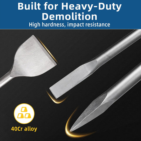 Close-up of 24 Inch SDS Plus Demolition Chisel Set with 1 Inch Flat, Point, and 3 Inch Scaling Chisels for Tile Removal, Heavy Duty 40Cr Steel