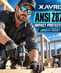 Boss Level Z87 Certified Safety Sunglasses Featuring Hardcore Removable Side Shields For Backcountry Hiking Skiing Kickass Uv Shielding And Crystal Clear Vision In Matte Blue Mirror Coating worn by a worker using a drill.