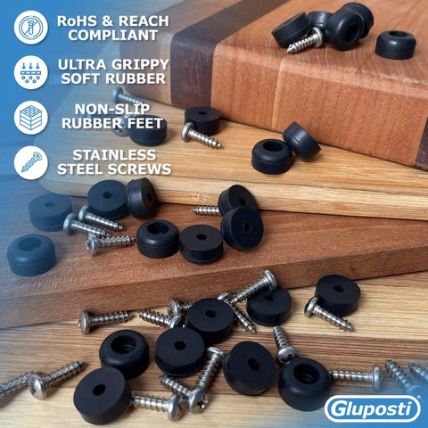 25 Soft Rubber Feet With Stainless Screws For Cutting Boards And Electronics displayed on wooden surface