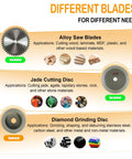 Diagram of a Lapidary Saw Kit showing alloy saw blade, jade cutting disc, and diamond grinding disc for various materials.