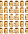Image of One Fourth Threaded Brass Knurled Heat Set Inserts Kit, 30 Pack, displayed in rows, for 3D printing and plastic parts.