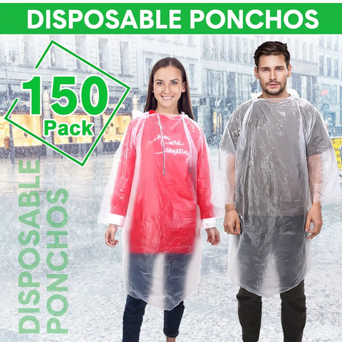 150 Piece Disposable Rain Ponchos for Adults with Hood Bulk Emergency Rain Gear for Travel Camping and Hiking Grab and Go Clear Ponchos Individually Wrapped Great Rainy Day Must Haves for Men and Women