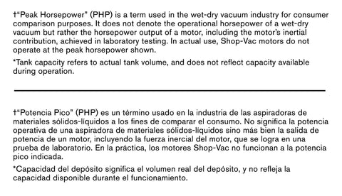 Image displaying a definition of 'Peak Horsepower' related to wet dry vacuums, highlighting its use in laboratory testing and consumer comparison.